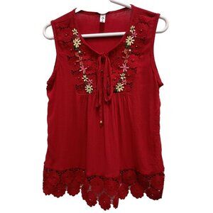 Andy V Womens Sleeveless Top Medium Red Embroidered Crochet BOHO Festival